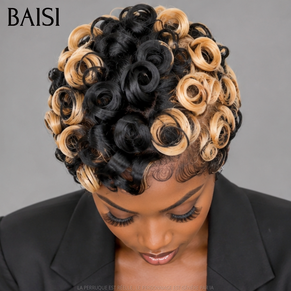 BAISI 13x4 Lace Perruque Pixie Courte Wave 89€ Couleur Noir et Miel 1B/27# Look Extra Supler Glamour en 100% Cheveux Humains