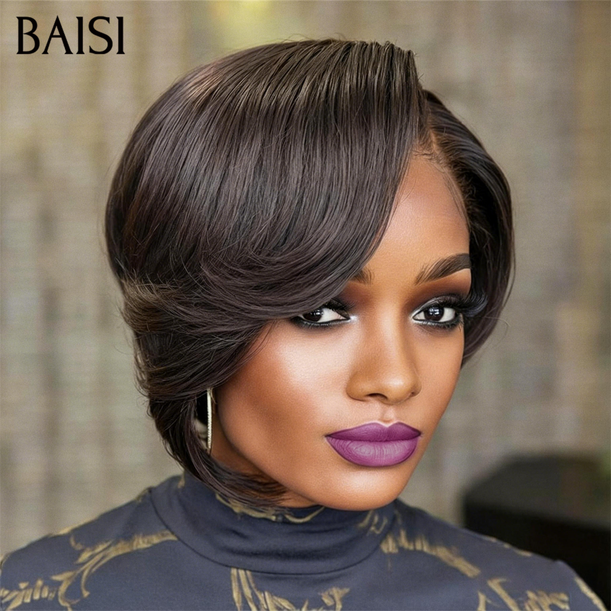 BAISI 13X4 lace Perruque Pixie vague Coiffure NOIR 6 Pouces Lisse 55€ en 100% Cheveux Humains