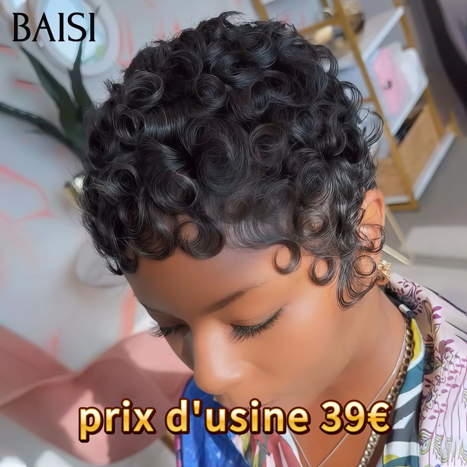 BAISI Achetez 2 perruques minimum au prix d'usine fournisseur en France TVA 0€ 48H arrivé Petit Perruque pixie finger wave ou curly wave en 100% Vrais Cheveux Humains (Pas Besoins De Code)