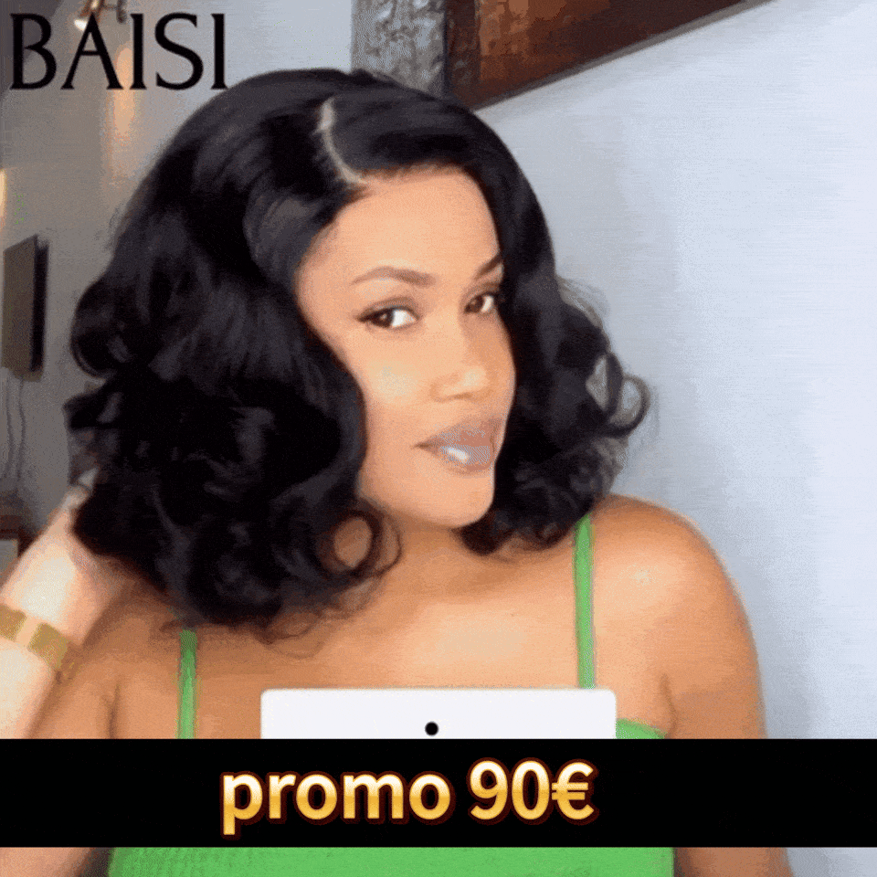 BAISI Perruque Pixie 4X4 Egg Curls Raie sur le côté noir 1B# en 100% Cheveux Humains