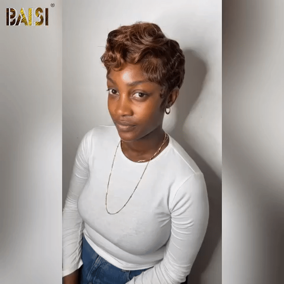 BAISI Pixie Cut Lace Frontal 13x4 Curly en couleur marron 4# 86€ en 100% Vrais Cheveux Humains