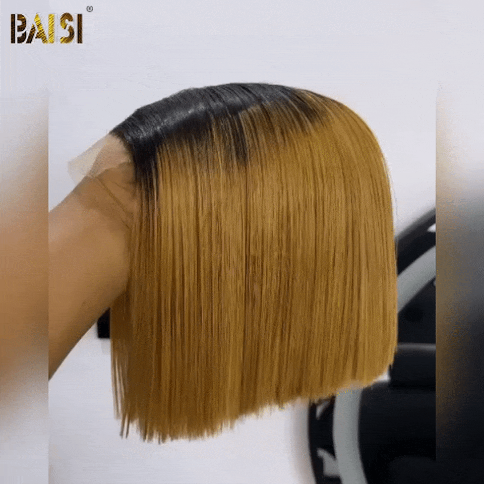 BAISI 2X6 Perruques de Luxe Lisse bob en couleur 1BT27# 8 pouces BONE STRAIGHT 250% densite A1 Fabriquées par les cheveux double drawn
