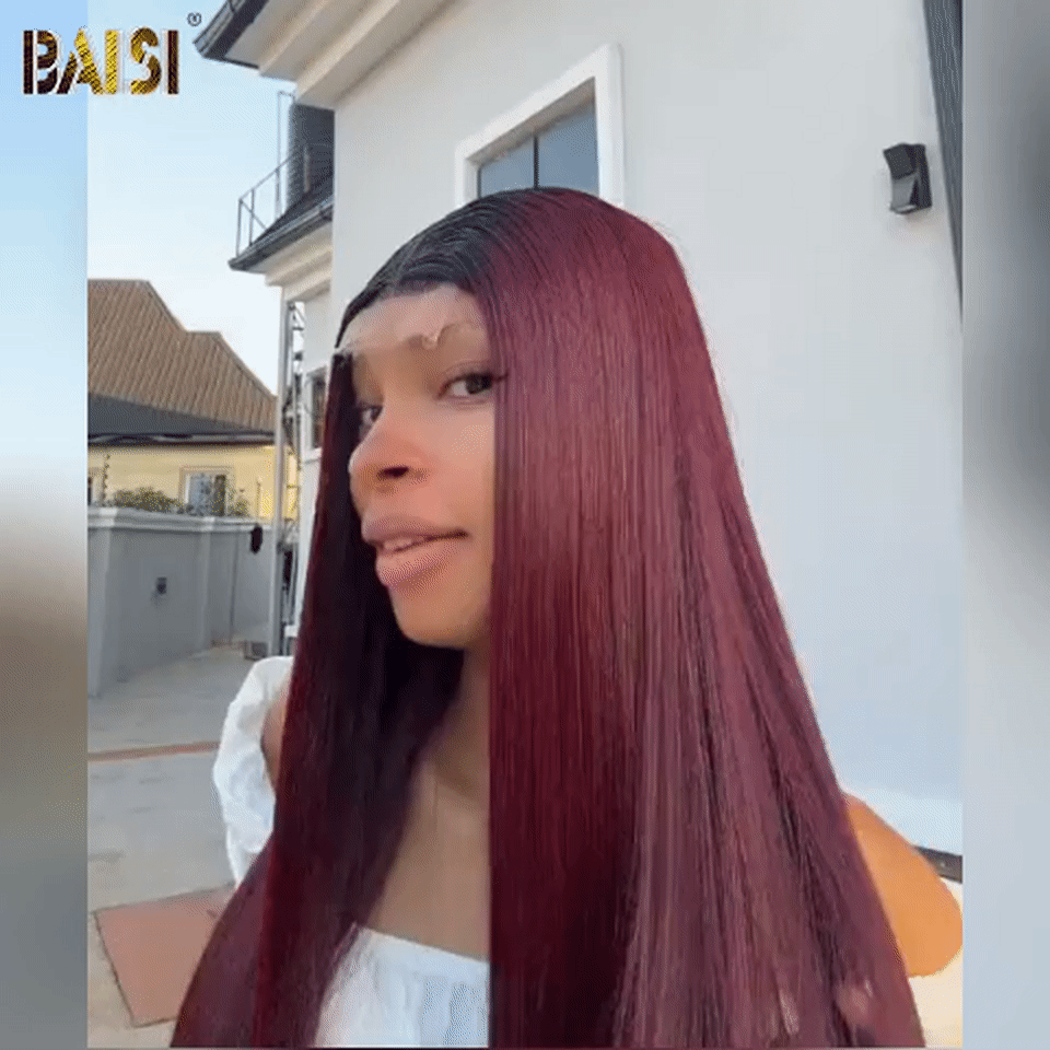 BAISI Cierre de encaje 4x4 peluca cuadrada recta negro rojo Burdeos 1B99J pelo de Vietnam doble hueso liso SDD