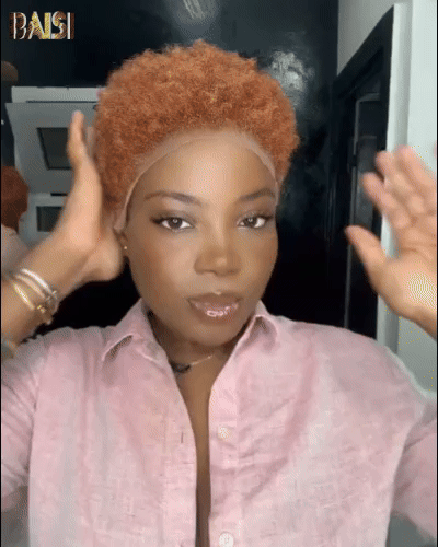 BAISI Perruque pixie 13x4 lace frontal Kinky Straight Noir ou orange en 100% cheveux humains F-905