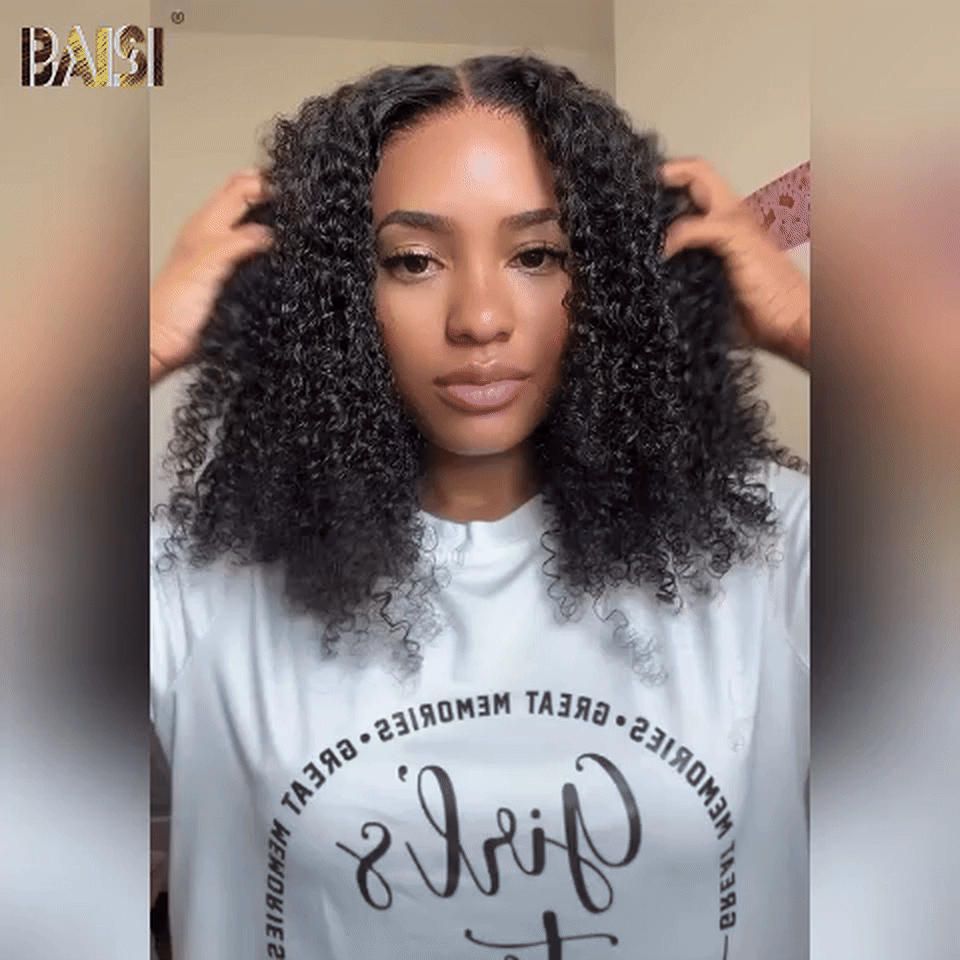 BAISI 4x4 Perruque Bob Curly moitié prix en Noir Sans Colle Lace déjà couper Facile à Porter en 100% Cheveux Humains D MP50