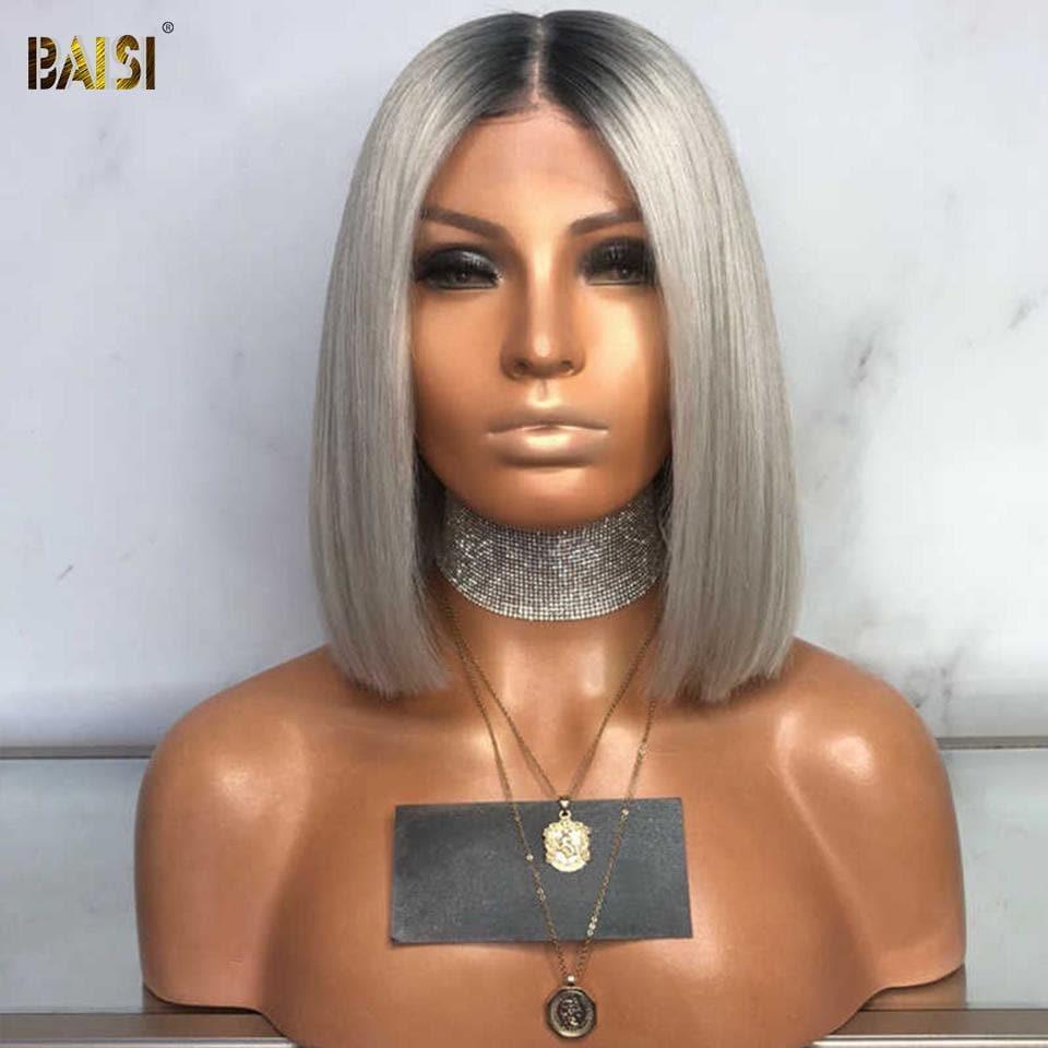 BAISI Collection Poivre et Sel SDD BONE STRAIGHT 100% Vietname Hair Perruque Bob lisse 1B/Gris Avec 2x6 clsoure en 100% cheveux humains