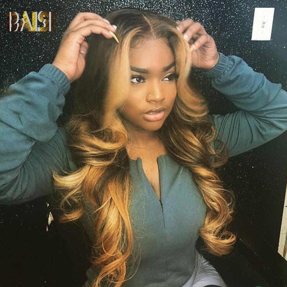 Honigblonde, ombre-braune, brasilianische Lace-Front-Perücke mit gewelltem, gewelltem, vorgezupftem Echthaar
