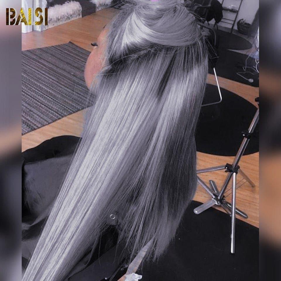 BAISI Collection Poivre et Sel 13x4 Lace Frontal Perruque Lisse Gris en 100% Cheveux Humains