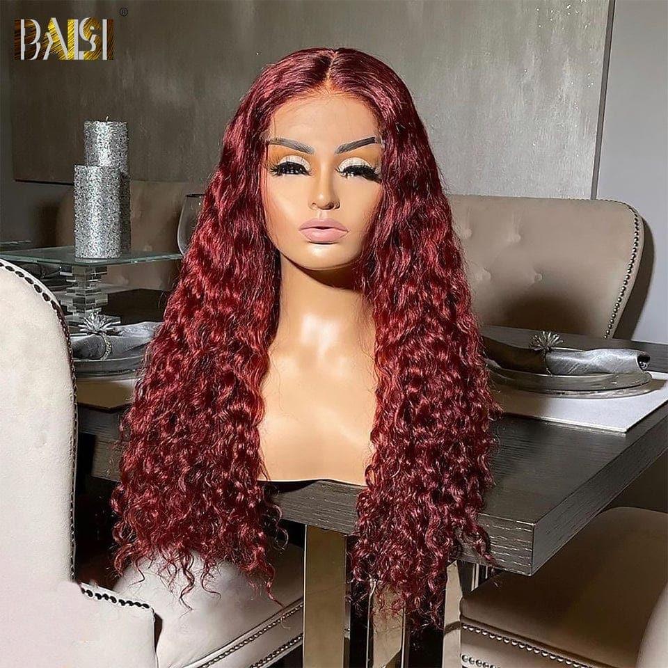 BAISI 13x4 Lace Frontal Perruque Deep Wave Rouge Bordeaux en 100% Cheveux Humains