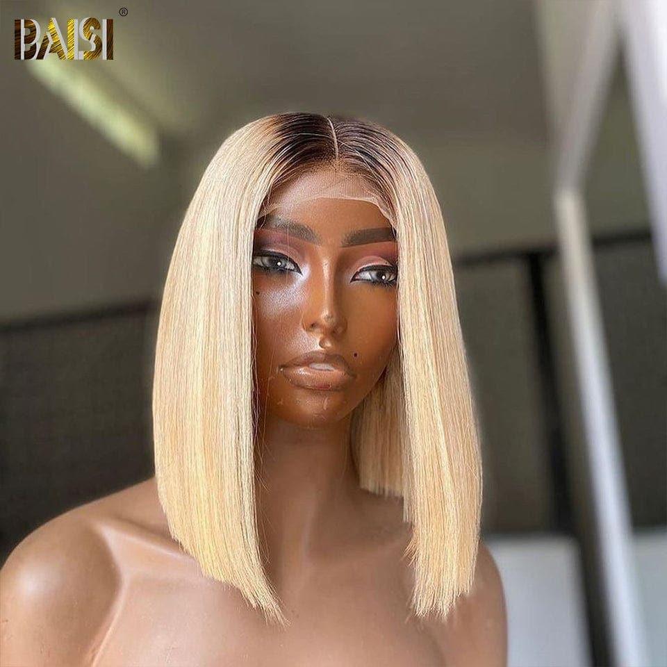 BAISI 13x4 Frontal Perruque Lisse En marron Blonde 4#613 Coupe Carrée En 100% Vrais Cheveux Humains