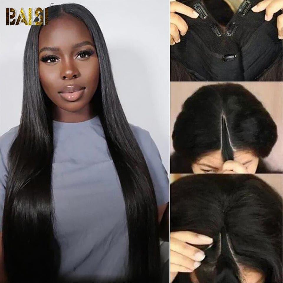 BAISI V Part Perruque Lisse en 100% Cheveux Humains Fabriqué à La Machine Sans Lace