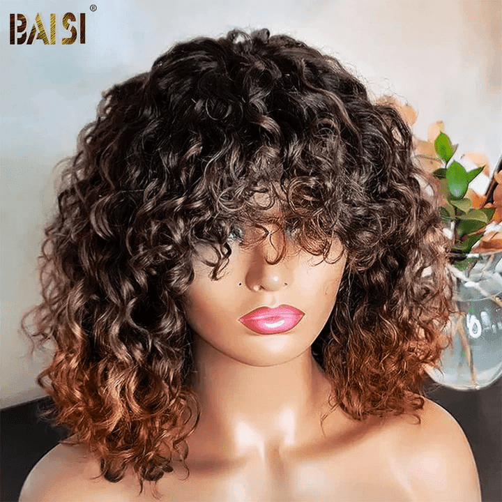 BAISI Flash Offre 84€ Perruque Curly Bouclée Avec Frange Noir Marron En 100% Cheveux Humains De Bonne Qualité FR38