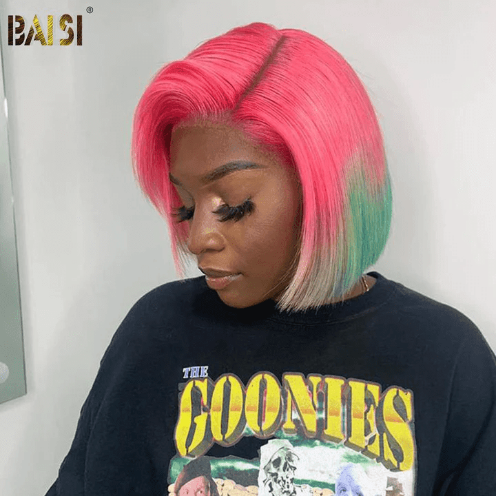 BAISI Achetez 2 perruques minimum au prix d'usine fournisseur T Part Lace Perruque Bob Lisse En Rose Vert Pastèque Coupe Carrée En 100% Vrais Cheveux Humains (Pas Besoins De Code)