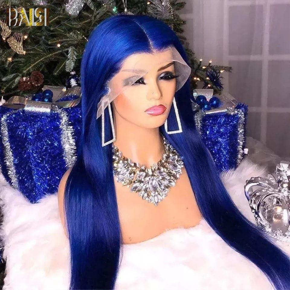 BAISI 13x4 Lace Frontal Perruque Lisse Bleu en 100% Cheveux Humains