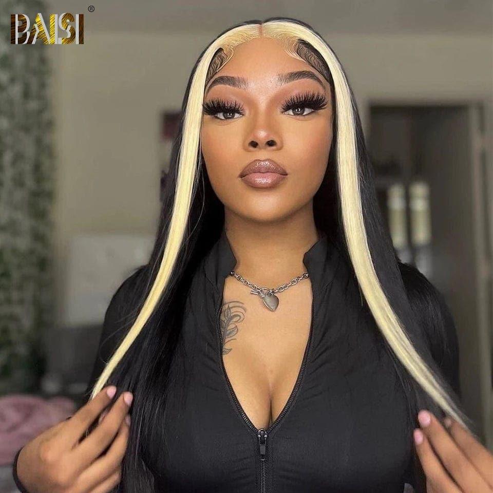 Peluca recta con encaje frontal BAISI en color negro MIX Blonde #613 en cabello humano 100% real