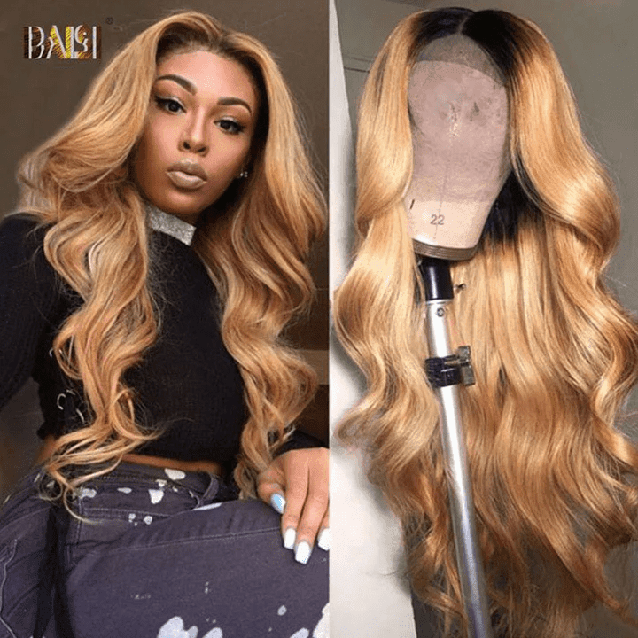 BAISI Achetez 2 perruques minimum au prix d'usine fournisseur 13x4 Lace Frontal Perruque Body Wave En Noir Chataîn 1B27 avec Frange En 100% Cheveux Humains (Pas Besoins De Code)