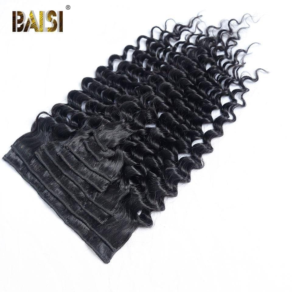 BAISI 100% Human Hair Deep Wave Clip In Hair Extensions 8 Pieces and 120G Per Lot