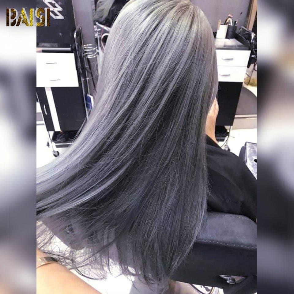 BAISI Collection Poivre et Sel 13x4 Lace Frontal Perruque Lisse Gris en 100% Cheveux Humains