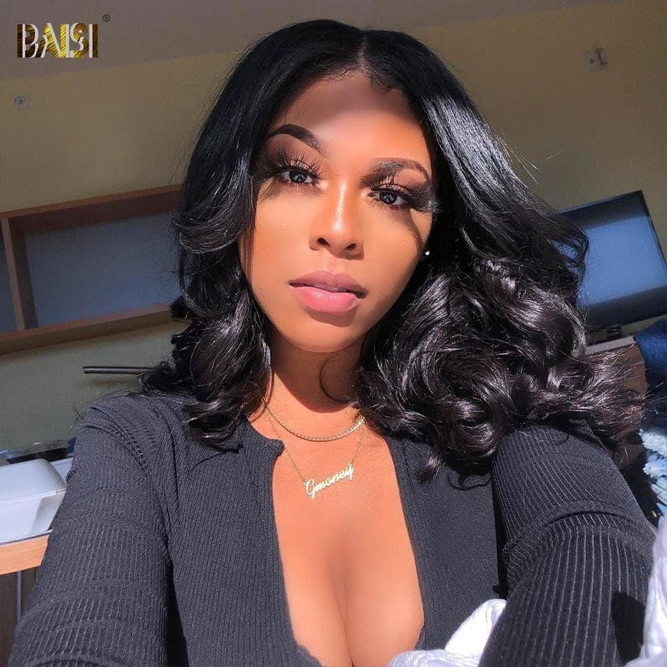 BAISI T-Teil Spitzenperücke BOB Schwarz Körperwelle mit Spitzenfront 13x1x6 Aus 100% Echthaar