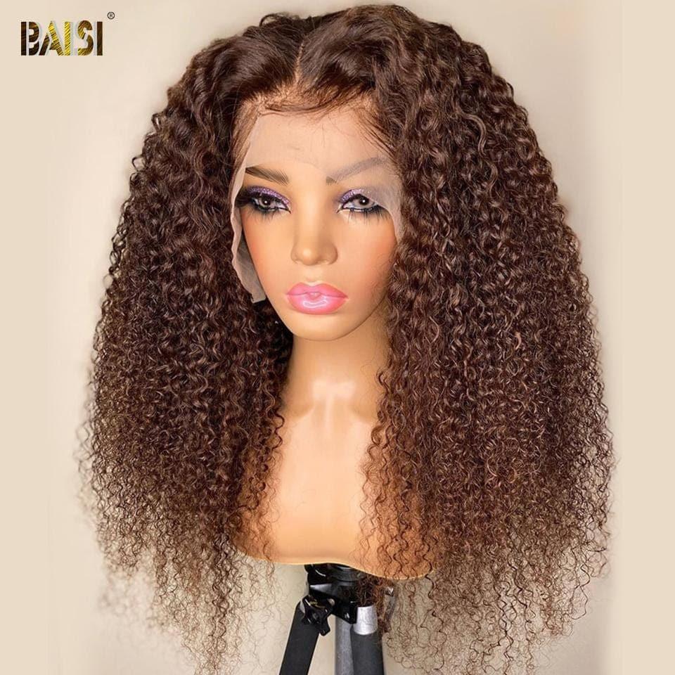 BAISI Sandrine 13x4 Lace Frontal Perruque Curly Marron #4 en 100% Cheveux Humains