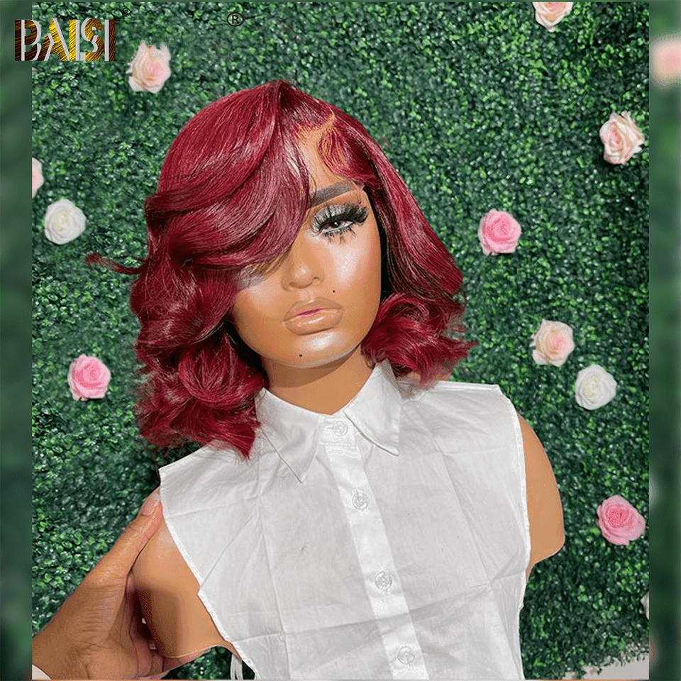BAISI Achetez 2 perruques minimum au prix d'usine fournisseur 13X4 Perruque BOB Body Wave Tout Rouge Bordeaux 99J Pré-plucked Pas Besoin de Colle en 100% Raw Hair Lace déjà couper(Pas besoins de code)