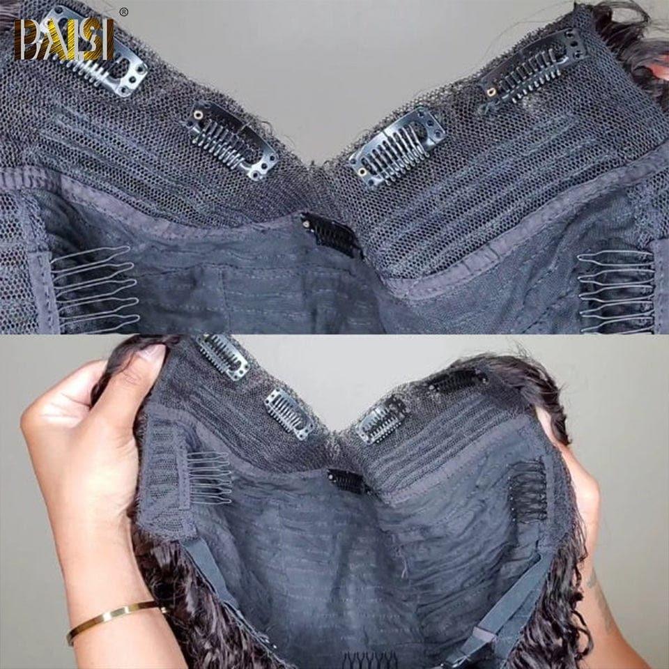 BAISI V Part Perruque Lisse en 100% Cheveux Humains Fabriqué à La Machine Sans Lace