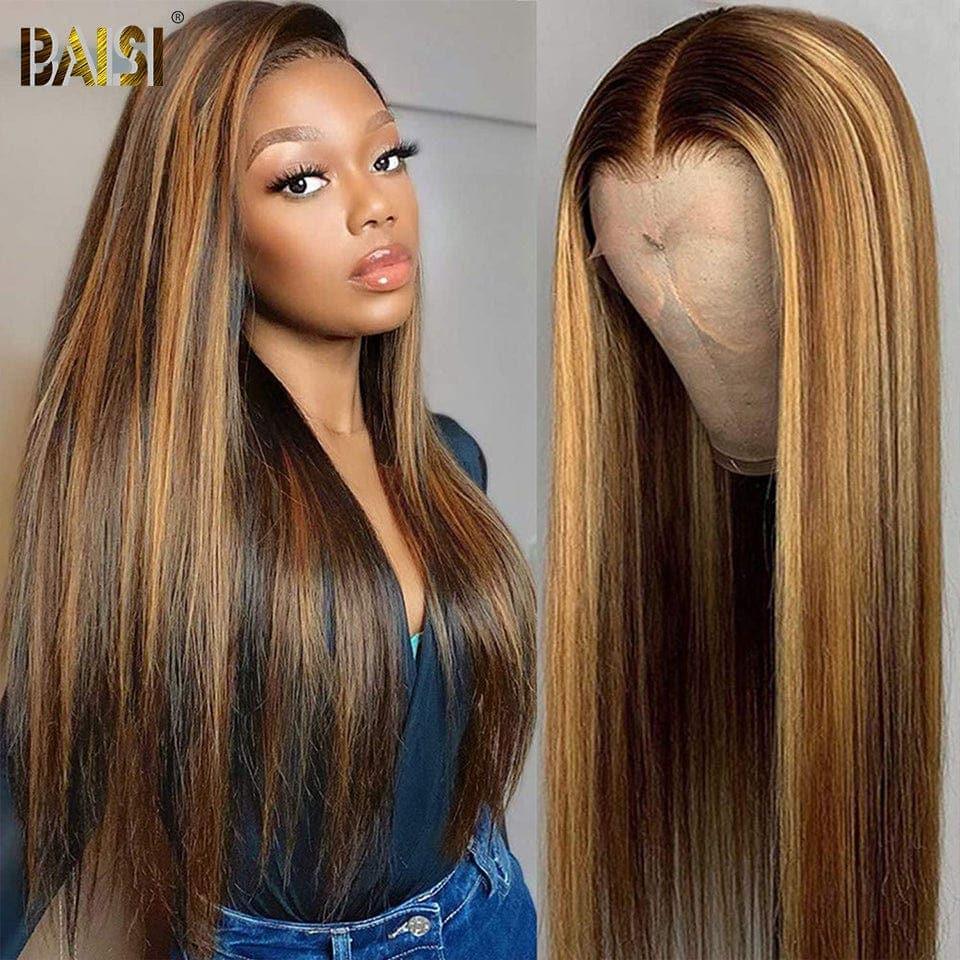 BAISI 13x4 Lace Frontal Perruque Lisse Miel #4MIX#27 en 100% Cheveux Humains 200% densité 16- 30 pouces