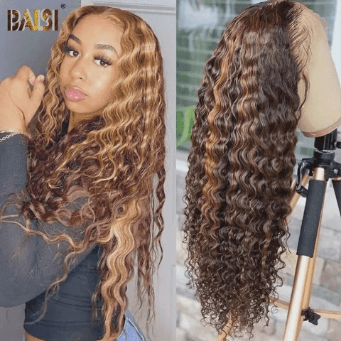 BAISI Achetez 2 perruques minimum au prix d'usine fournisseur en France TVA 0€ 48H arrivé 13x4 Lace Frontal Perruque Deep Wave En Couleur Mixte #4#27 Sans Colle Lace déjà couper Facile à Porter En 100% Cheveux Humains (Pas Besoins De Code)