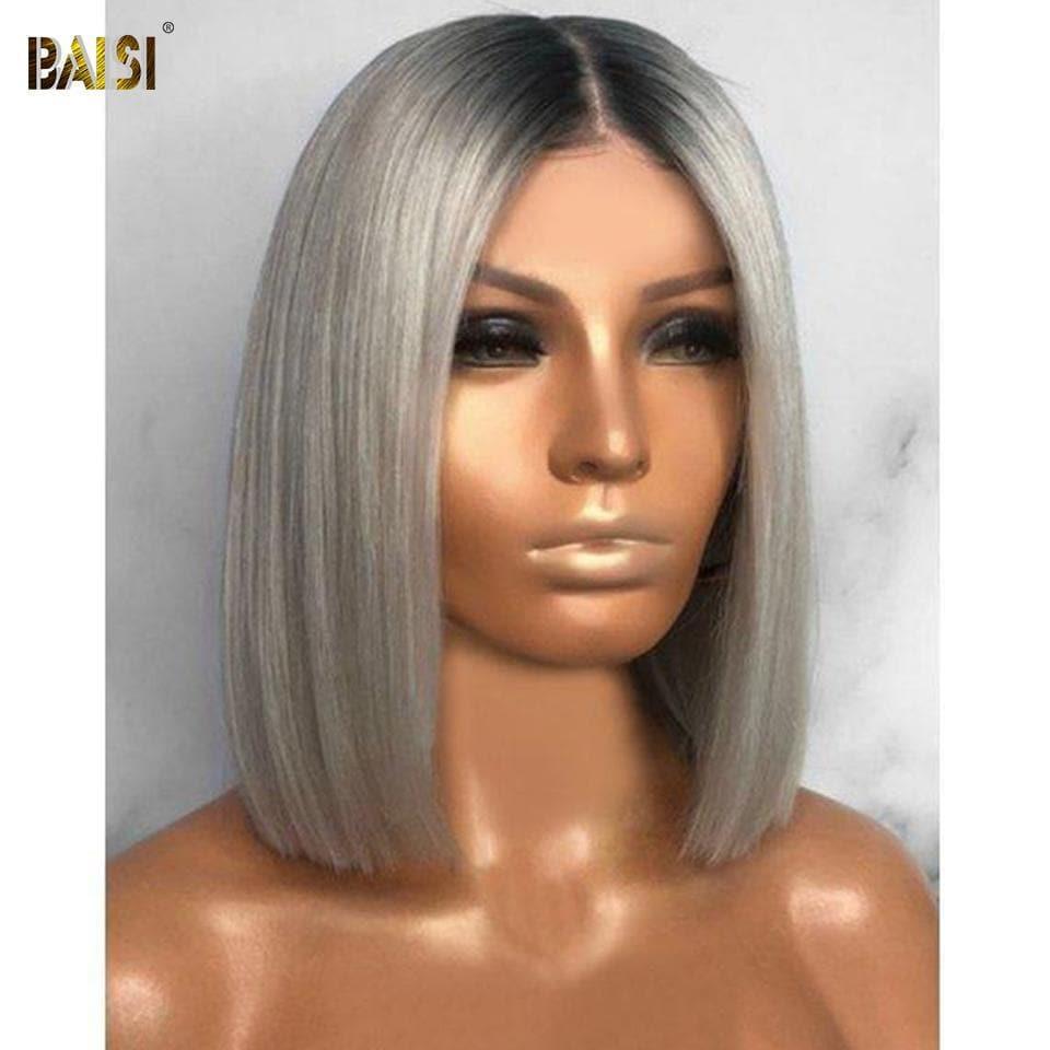 BAISI Collection Poivre et Sel SDD BONE STRAIGHT 100% Vietname Hair Perruque Bob lisse 1B/Gris Avec 2x6 clsoure en 100% cheveux humains
