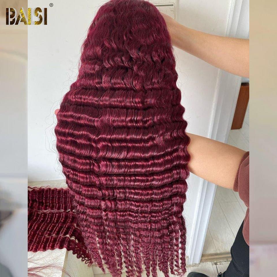 BAISI 13x4 Lace Frontal Perruque Deep Wave Rouge Bordeaux en 100% Cheveux Humains