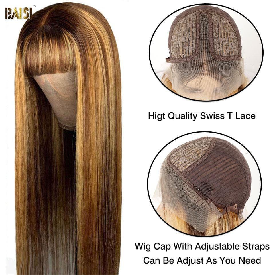 BAISI Coupe Chinoise Perruque Miel Lisse Longue Avec Frange ou marron lisse 18 pouces 100€ 100% Cheveux Humains