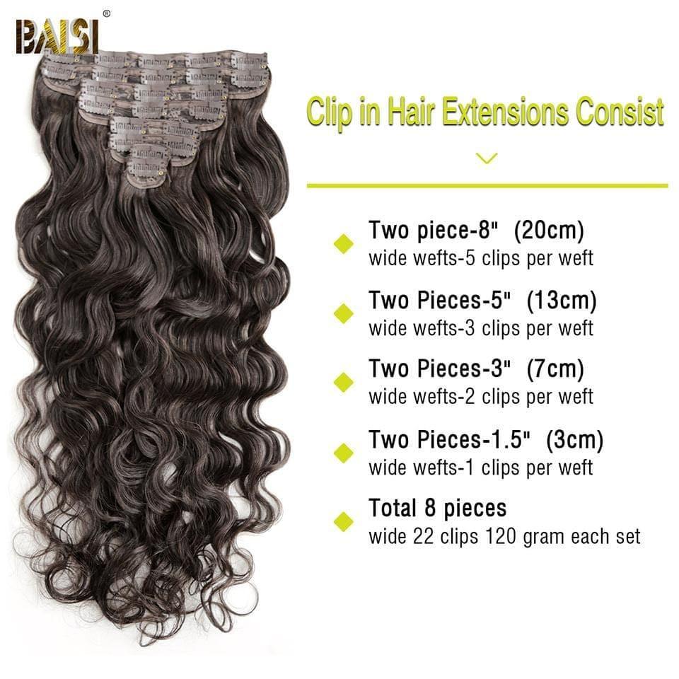 BAISI Clip In Hair Extensions #2 Body Wave aus 100 % Echthaar, 8 Stück und 120 g pro Los