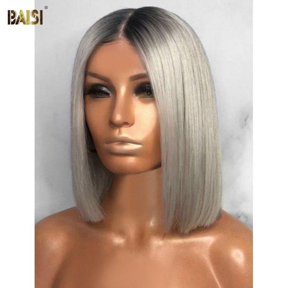 BAISI Collection Poivre et Sel SDD BONE STRAIGHT 100% Vietname Hair Perruque Bob lisse 1B/Gris Avec 2x6 clsoure en 100% cheveux humains