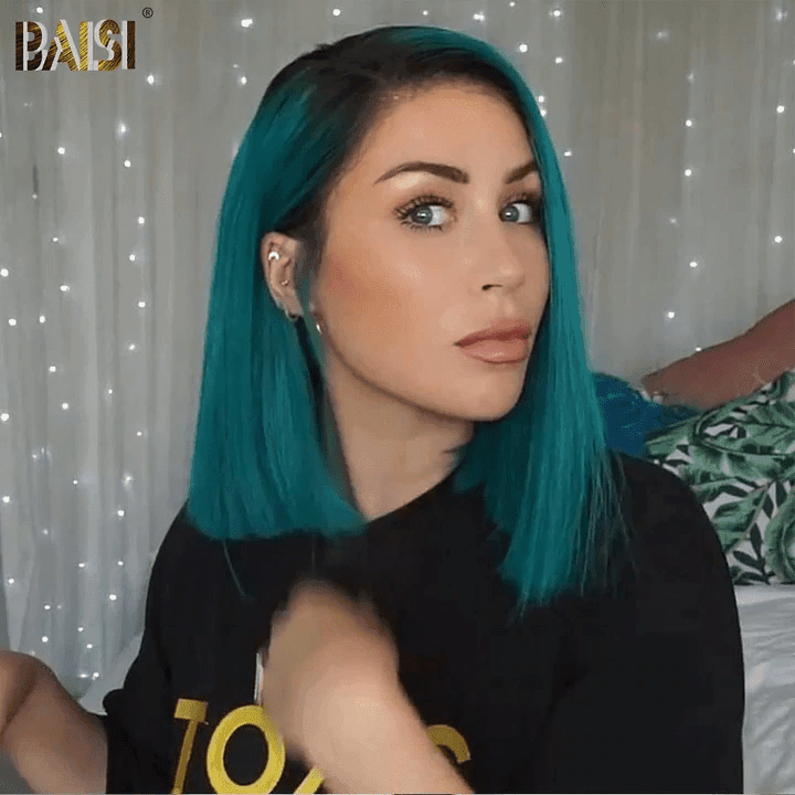 BAISI Achetez 2 perruques minimum au prix d'usine fournisseur 13X4 Perruque lisse 1B Vert En 100% Cheveux Humains Pré-plucked Pas Besoin de Colle en 100% Raw Hair Lace déjà couper (Pas Besoin de Code)