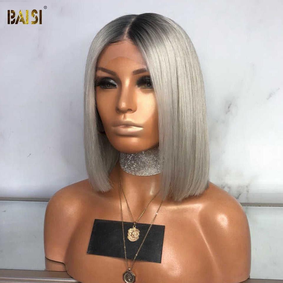 BAISI Collection Poivre et Sel SDD BONE STRAIGHT 100% Vietname Hair Perruque Bob lisse 1B/Gris Avec 2x6 clsoure en 100% cheveux humains