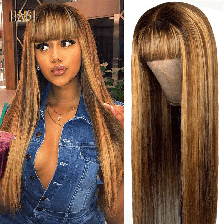 BAISI Achetez 2 perruques minimum au prix d'usine fournisseur 13x4 Lace Frontal Perruque Lisse En Couleur Mixte #4MIX#27 avec Frange En 100% Cheveux Humains (Pas Besoins De Code)