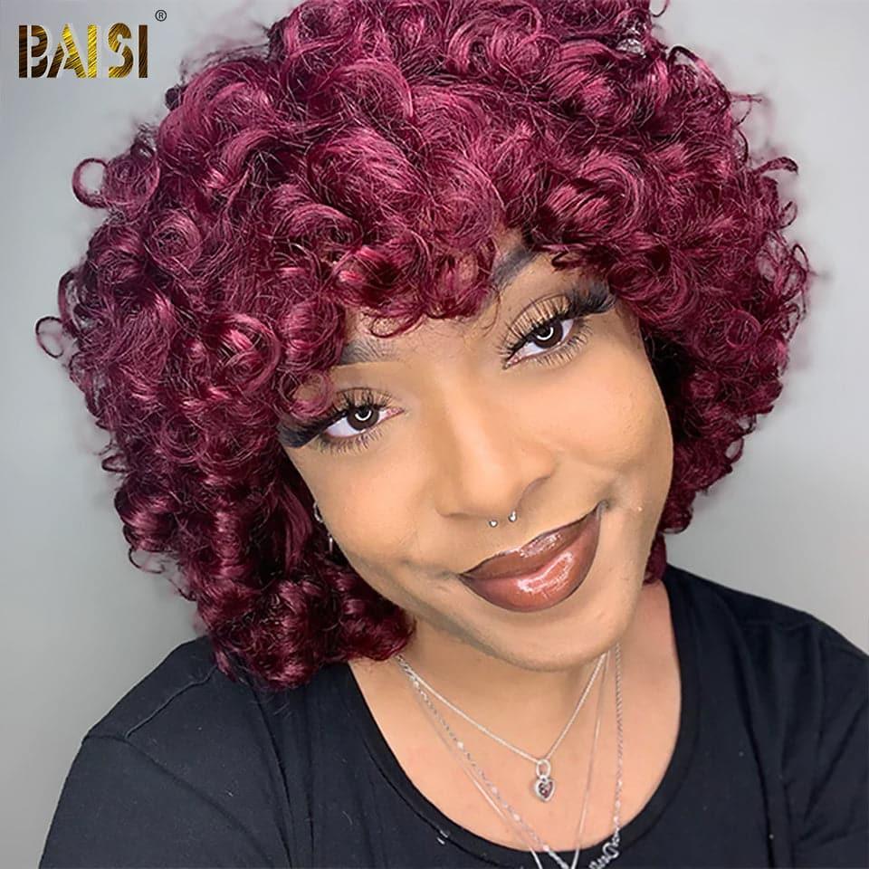 BAISI Achetez 2 perruques minimum au prix d'usine fournisseur Perruque Bouclée Egg Wave Rouge Bordeaux en 100% Cheveux Humains (Pas Besoin de Code)