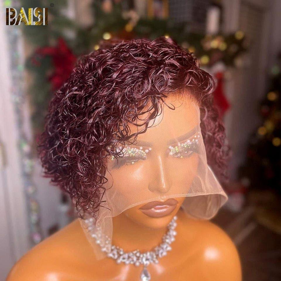 BAISI FLORENCE Parrucca frontale in pizzo Pixie Cut 13x1 Riccia 99J Bordeaux + arancione in veri capelli umani al 100% C