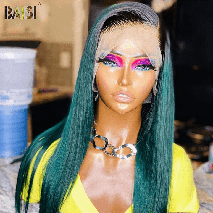 BAISI Achetez 2 perruques minimum au prix d'usine fournisseur 13x4 Lace Frontal Perruque Lisse En Noir Vert Emeraude En 100% Cheveux Humains (Pas Besoins De Code)