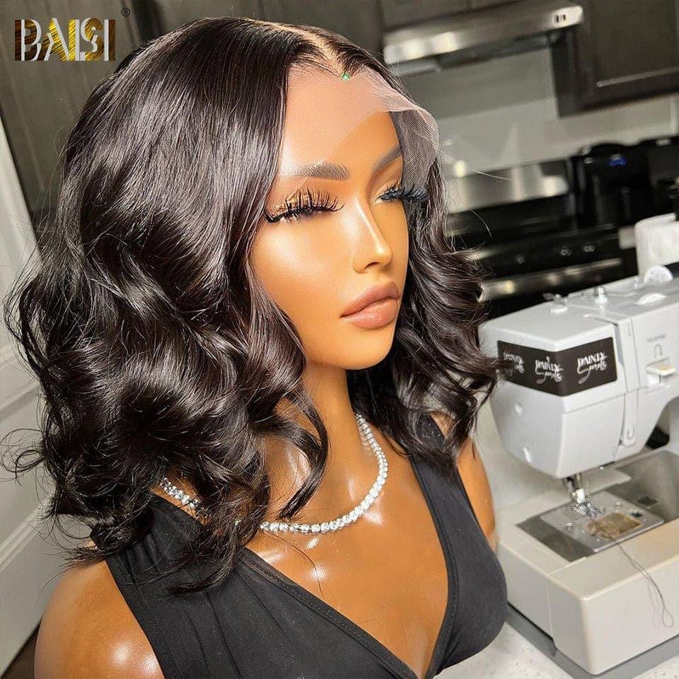 BAISI T-Teil Spitzenperücke BOB Schwarz Körperwelle mit Spitzenfront 13x1x6 Aus 100% Echthaar
