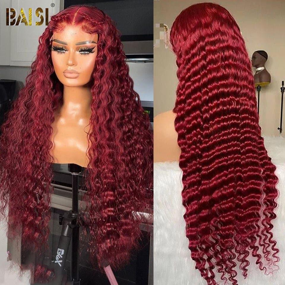 BAISI 13x4 Lace Frontal Perruque Deep Wave Rouge Bordeaux en 100% Cheveux Humains