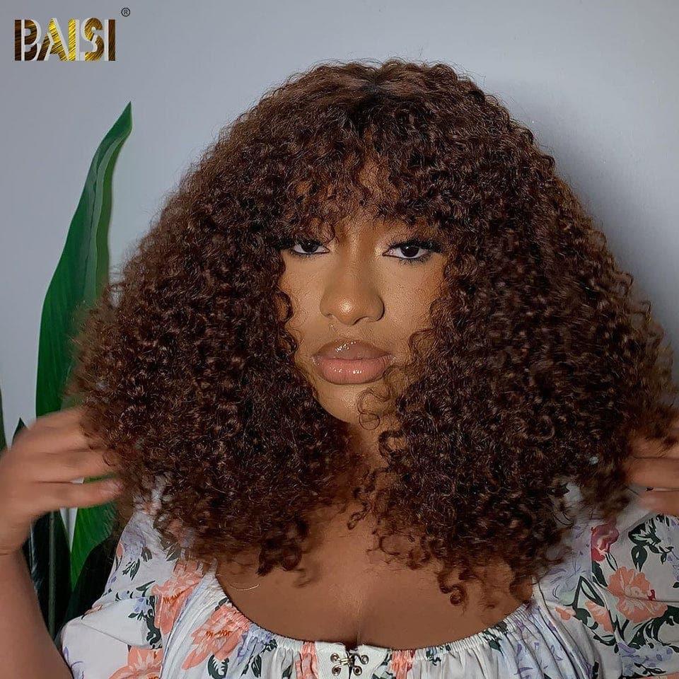 BAISI Perruque kinky curly avec frange en couleur marron #4 en 100% vrais cheveux humains