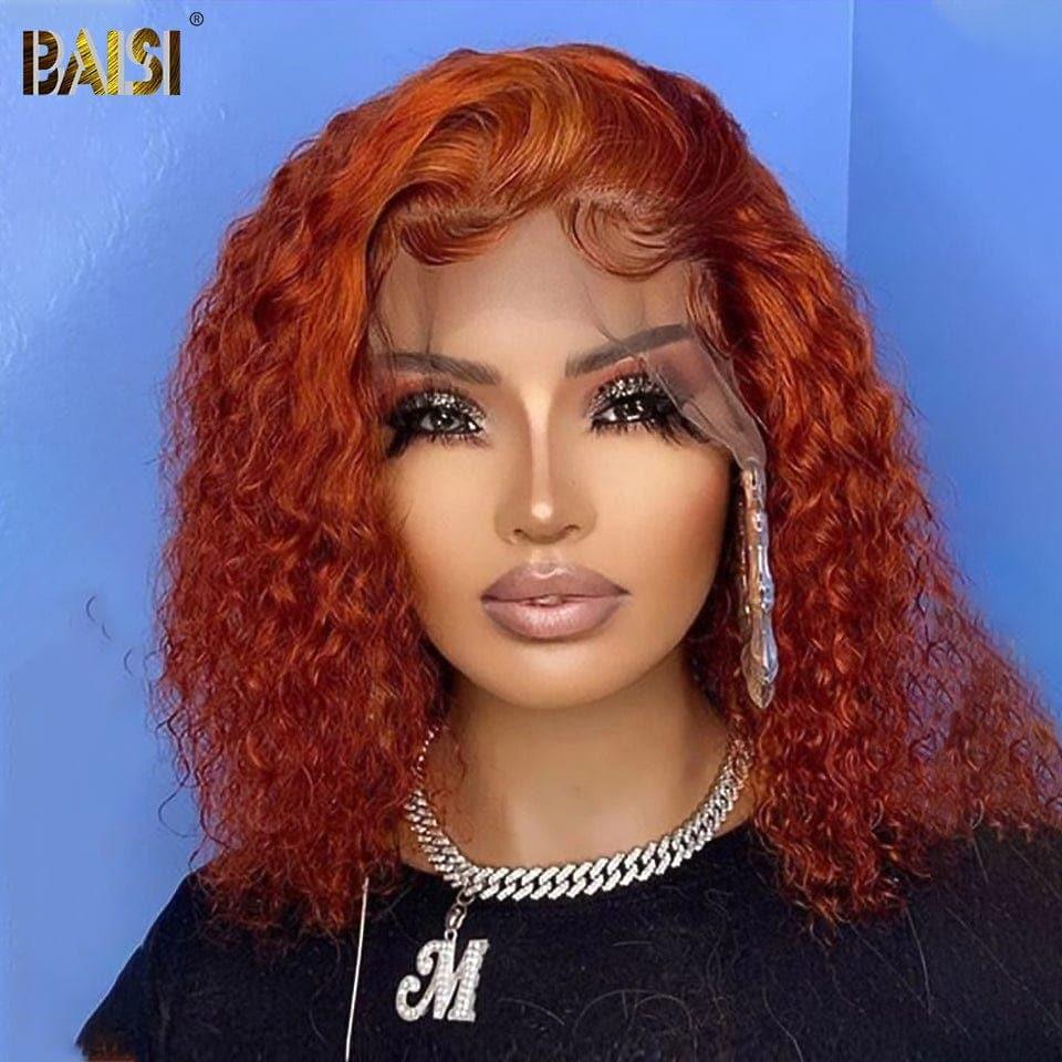BAISI Achetez 2 perruques minimum au prix d'usine fournisseur Avec Frontale 66€ pixie afro bordeaux ou 13x4 Frontal Perruque Bob Curly En Orange Coupe Carrée En 100% Vrais Cheveux Humains (Pas Besoin De Code)