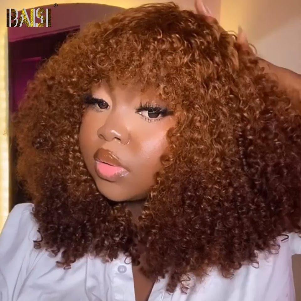 Peluca rizada BAISI con flequillo en color marrón #4 en cabello humano 100% real