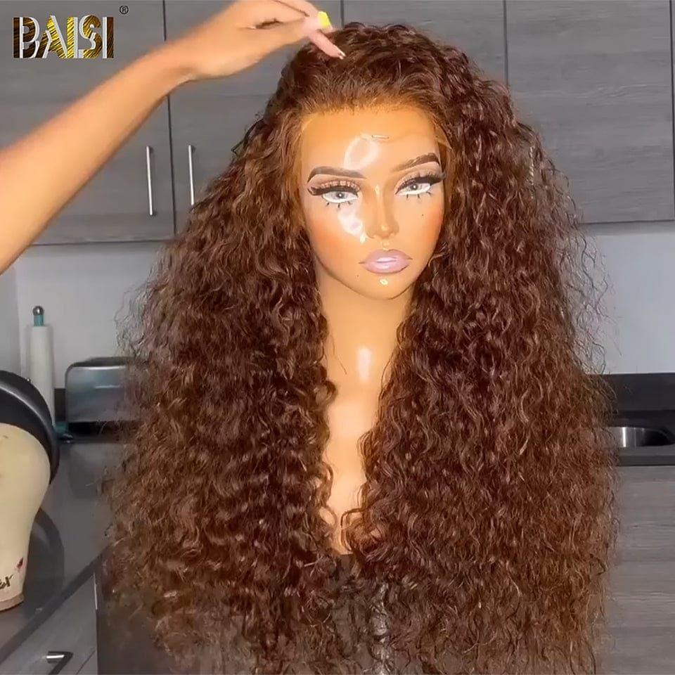 Peluca marrón rizada frontal de encaje BAISI 13x4 #4 en cabello 100% humano