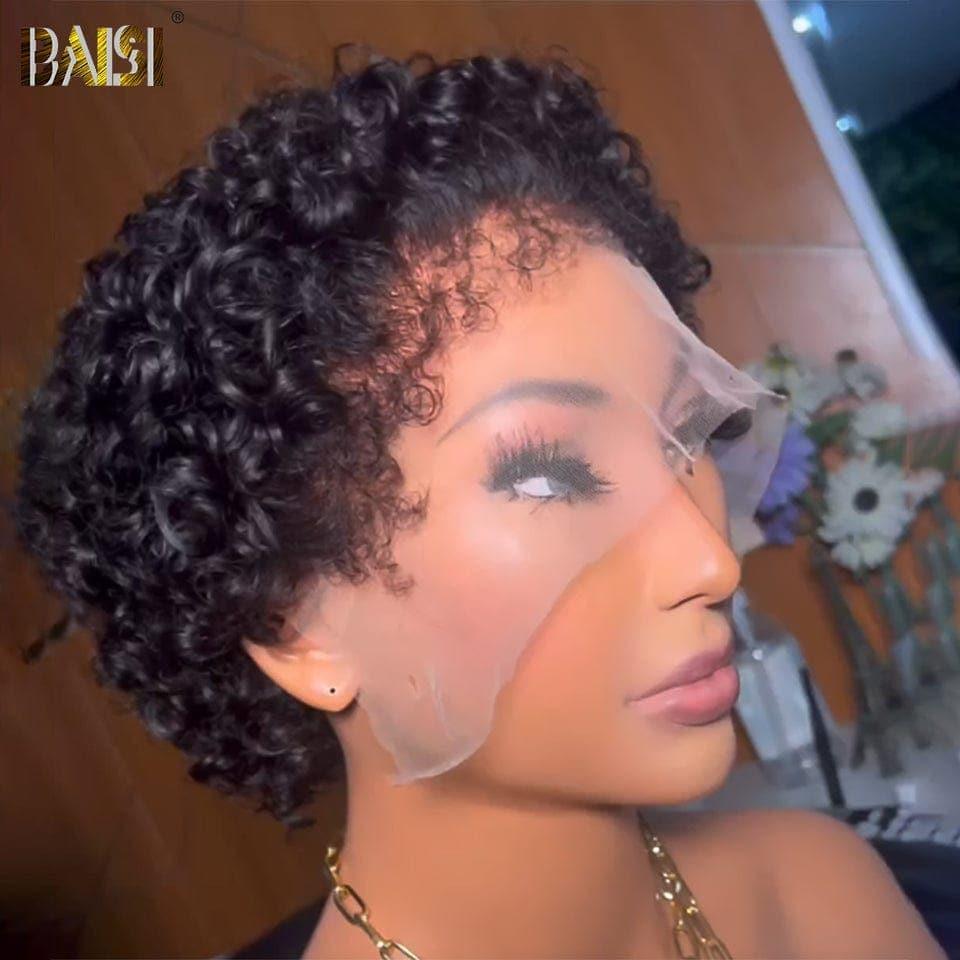 BAISI Pixie Afro curly sans Colle Fabriqué à la Machine afro curl 58€ ou Cut Lace Frontal 13x4 Curly Noir 70€ en 100% Vrais Cheveux Humains D