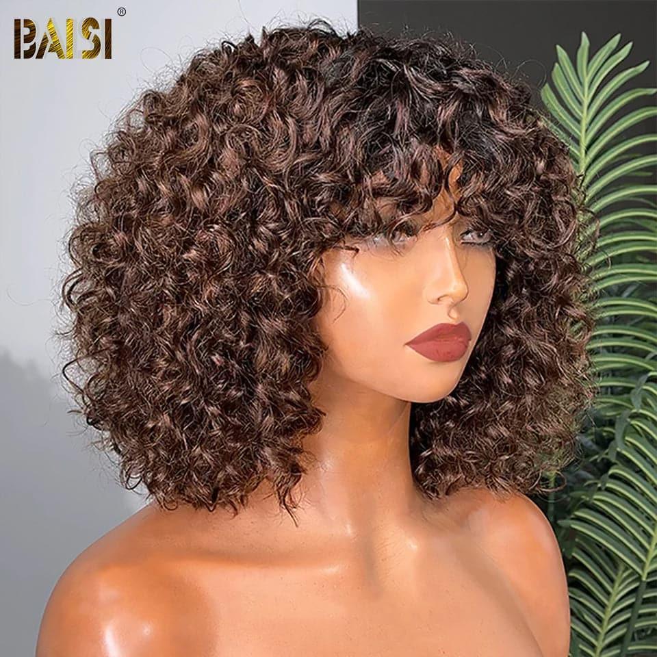 BAISI Achetez 2 perruques minimum au prix d'usine fournisseur Perruque Curly Bouclée 1B#4 Avec Frange 1B#4 En 100% Cheveux Humains De Bonne Qualité (Pas Besoin de Code)