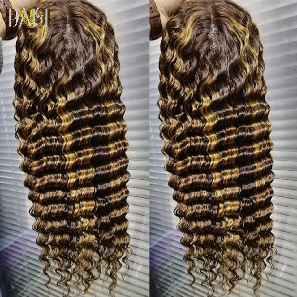 BAISI Achetez 2 perruques minimum au prix d'usine fournisseur en France TVA 0€ 48H arrivé 13x4 Lace Frontal Perruque Deep Wave Miel #4MIX#27 En 100% Cheveux Humains (Pas Besoin de Code)