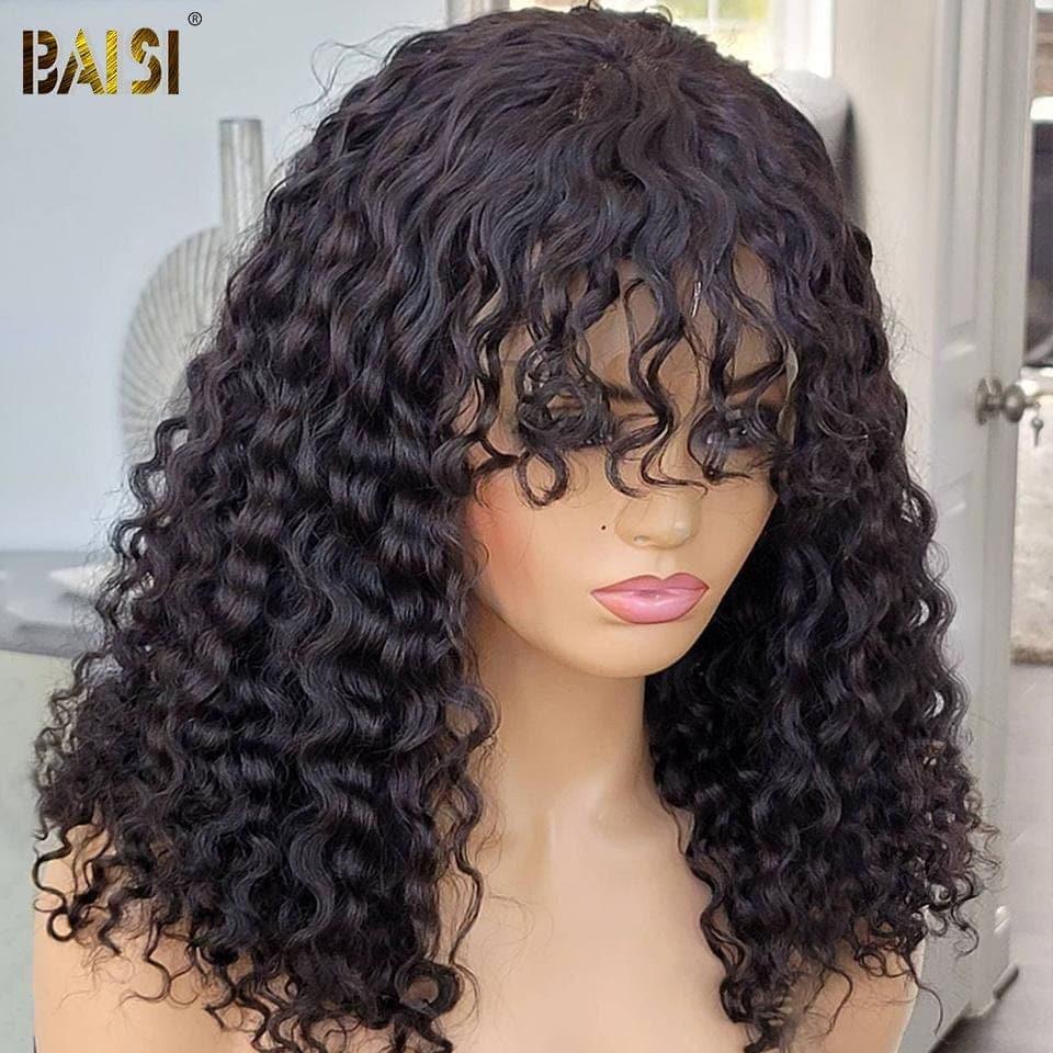 Baisi 4x4 Closure Deep Wave Wig mit Pony Chinese Cut 100% Echthaar