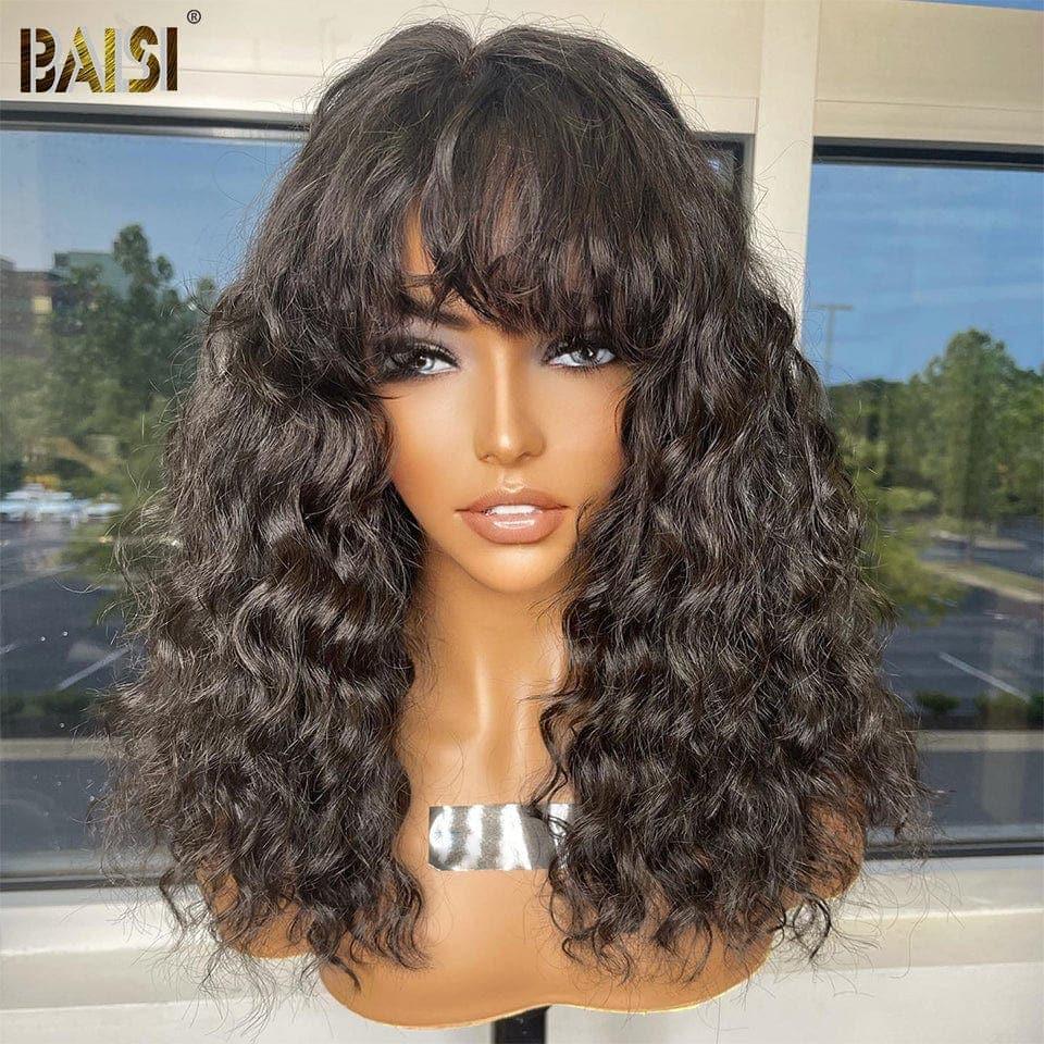 Baisi 4x4 Closure Deep Wave Wig mit Pony Chinese Cut 100% Echthaar